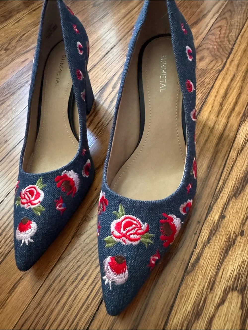 Embroidered Denim Pointed-Toe Pumps in Blue with Red Floral Detail